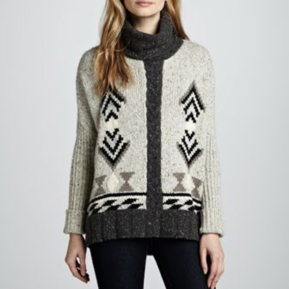 Autumn Cashmere 100% Cashmere Cream and Black Turtleneck Sweater